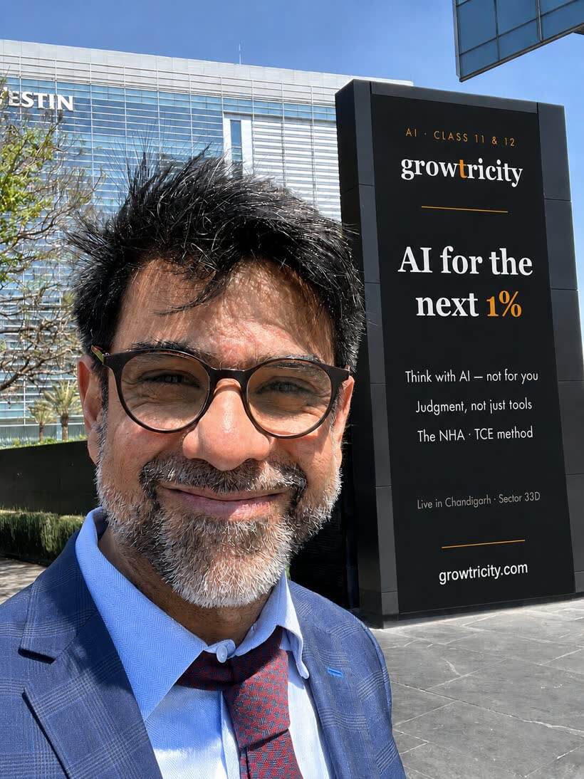 Ashish Punj beside a GrowTricity course billboard in Chandigarh